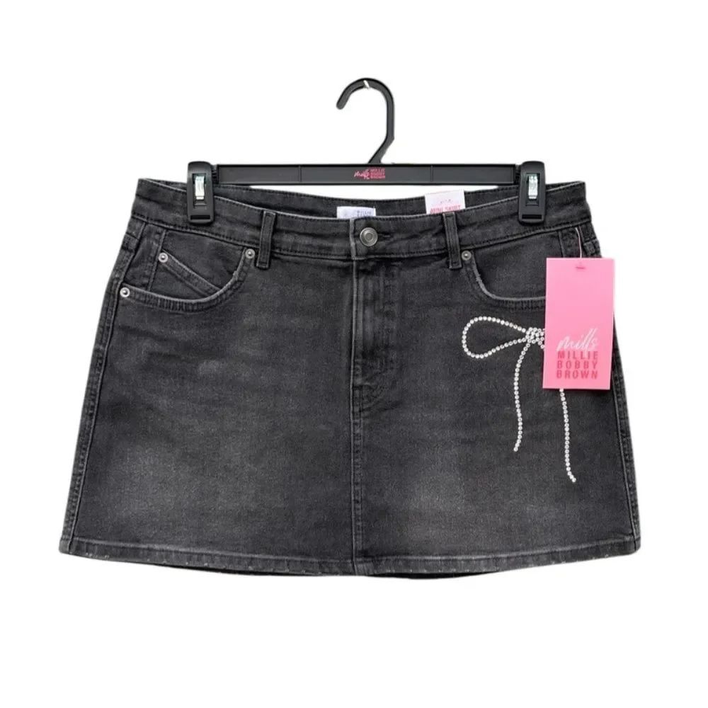 Black Denim Mini Skirt with Rhinestone Bow Accent Size 16